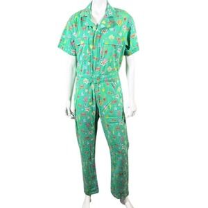 My Little Belleville Green Garden Critter Print Cotton Utility Jumpsuit Small